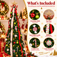 6FT Pop Up Whimsical Christmas Tree, Collapsible Foldable Christmas Tree Pull Up Fully Decorated Xmas Trees with Red Green Ornaments Set for Indoor Outdoor Home Xmas Holiday Party Decor