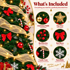 6FT Pre Lit Pop Up Christmas Tree,Pre-Decorated Artificial Tree,Gold Surround Ribbon,Easy Assemble Collapsible Xmas Trees for Holiday Party Decoration